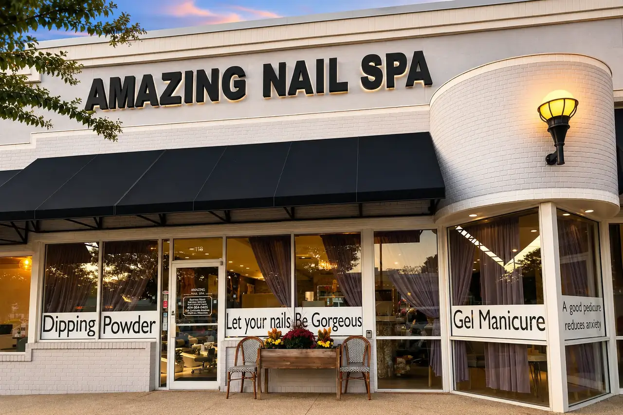 Amazing Nail Spa storefront at dusk on Roswell Rd, Atlanta